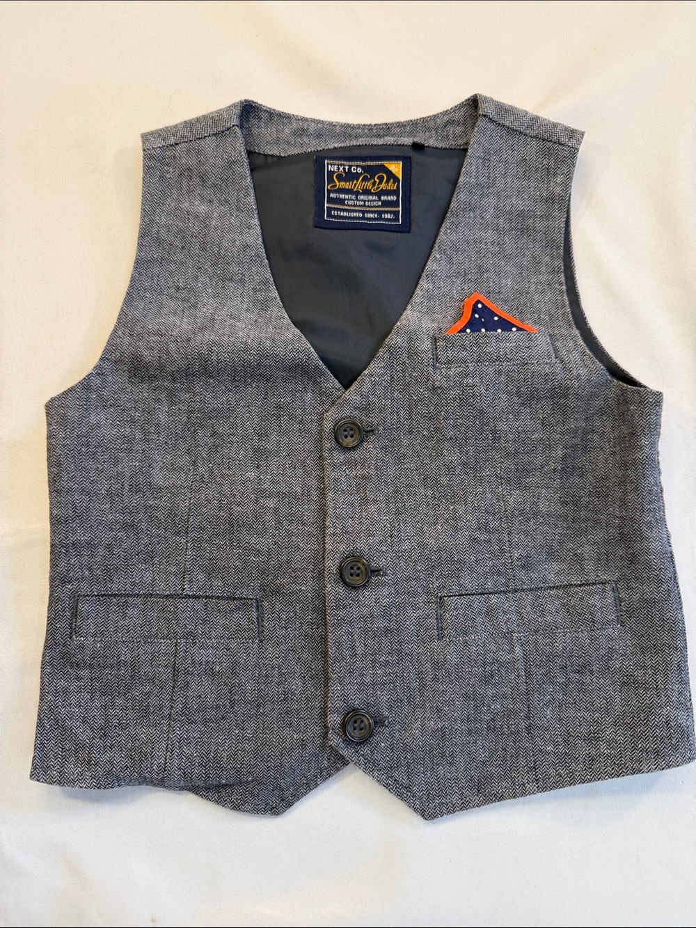 next - NEW - Grey Herringbone Vest with Navy & Orange Pocket Square